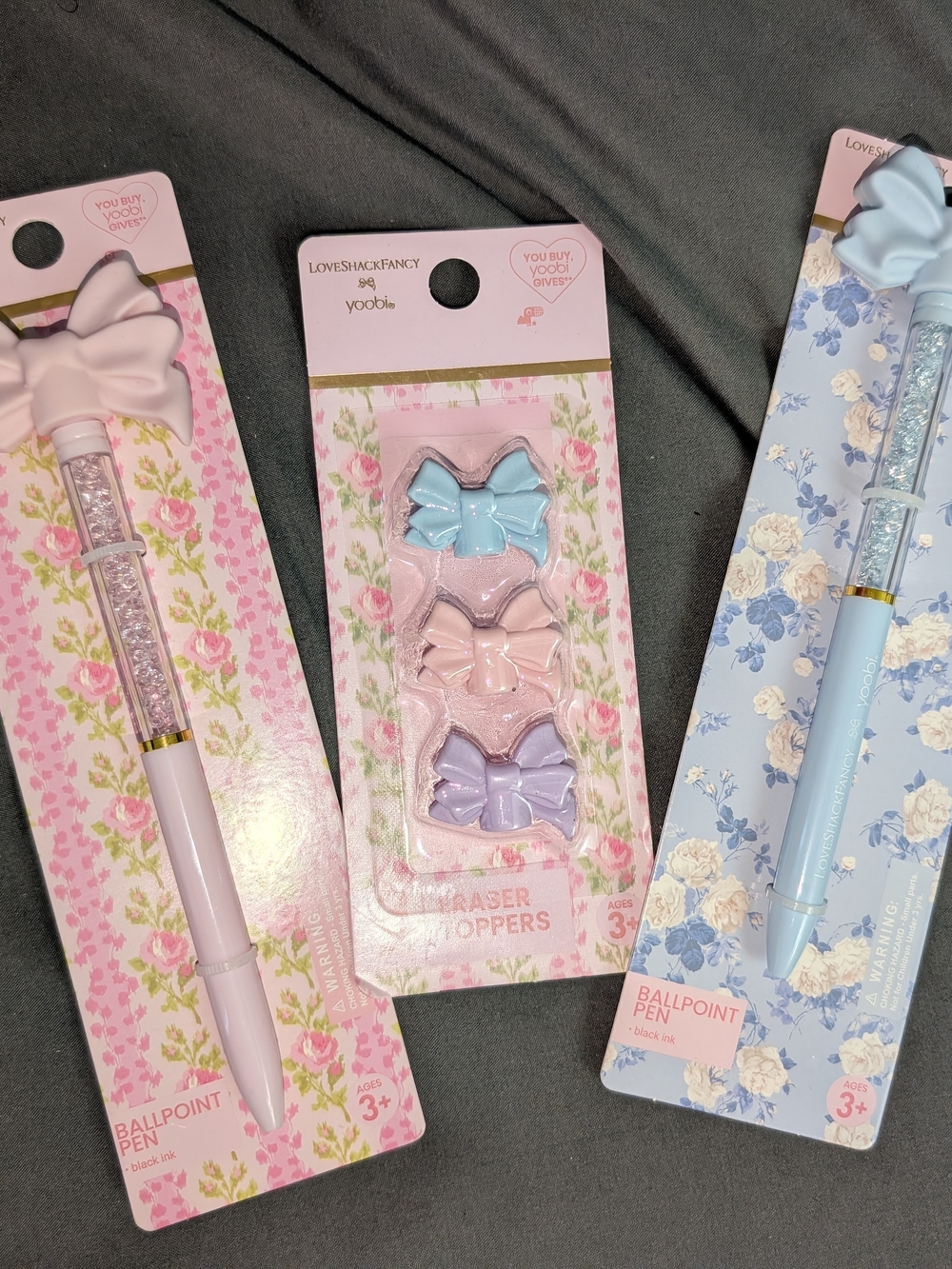 LoveShackFancy Bows Eraser Set With 1 Blue & Pink bow pens
